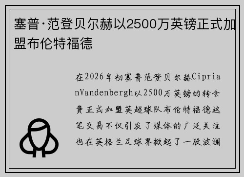 塞普·范登贝尔赫以2500万英镑正式加盟布伦特福德