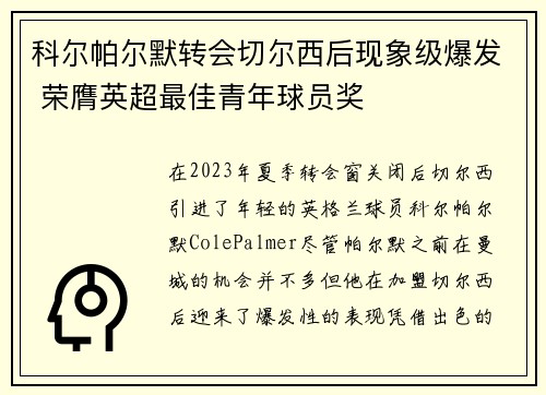 科尔帕尔默转会切尔西后现象级爆发 荣膺英超最佳青年球员奖